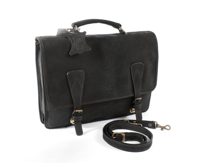 Cartable 1 soufflet en cuir nubuck noir