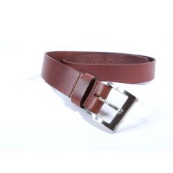 Ceinture cuir marron cannelle, boucle carrée acier satiné 4046