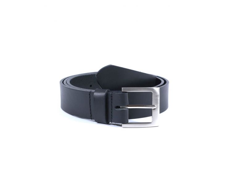 Ceinture cuir noir, boucle carrée acier satiné 4046