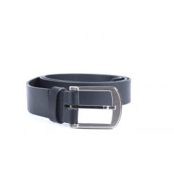 Ceinture cuir noir, boucle moderne acier gris satiné 4031