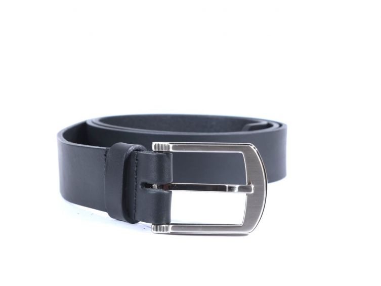 Ceinture cuir noir, boucle moderne acier gris satiné 4031