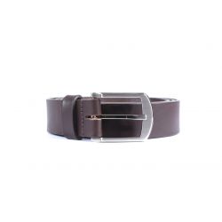 Ceinture cuir marron foncé, boucle moderne acier gris satiné 4031