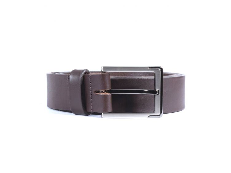 Ceinture cuir marron foncé, boucle moderne acier bicolore 4038