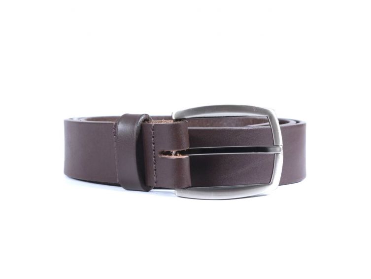 Ceinture cuir marron foncé, boucle ogive deux tons 4043