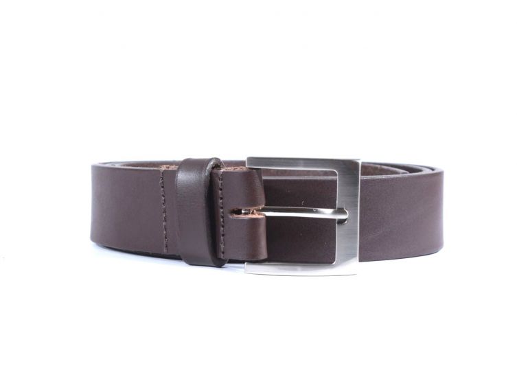 Ceinture cuir marron foncé, boucle carrée acier satiné 4046