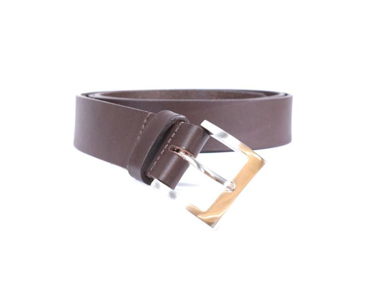 Ceinture cuir marron foncé, boucle carrée acier satiné 4046