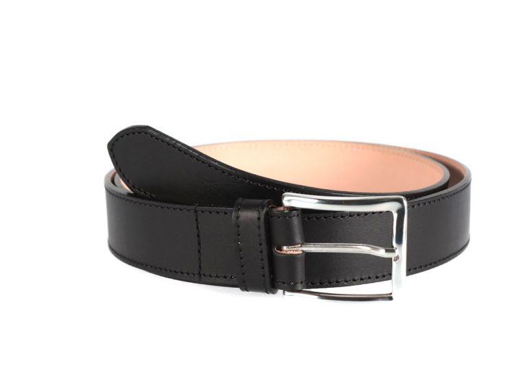 Ceinture cuir doublé noir, boucle rectangle acier poli 5032