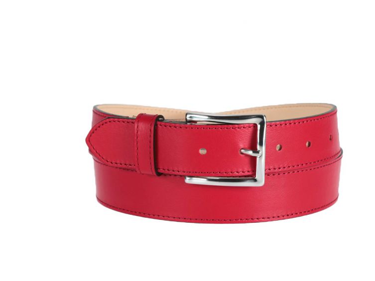 Ceinture cuir doublé rouge, boucle rectangle acier poli 5032
