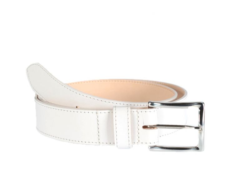 Ceinture cuir doublé blanc, boucle rectangle acier poli 5032