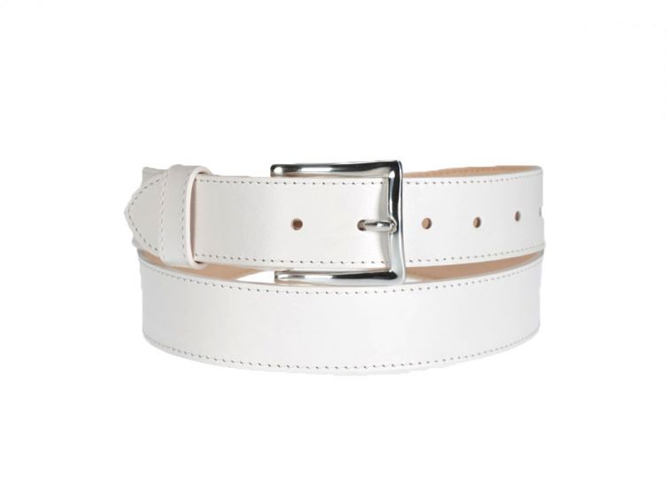 Ceinture cuir doublé blanc, boucle rectangle acier poli 5032