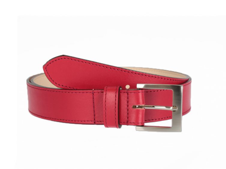 Ceinture cuir doublé rouge, boucle carrée acier satiné 5046