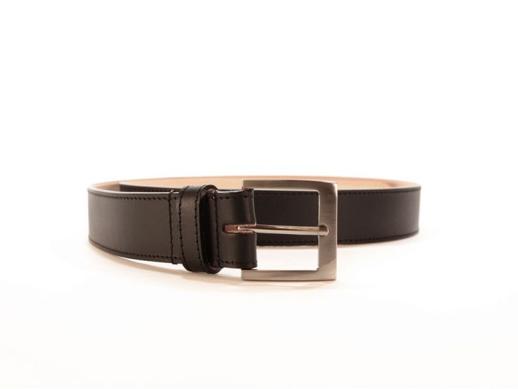 Ceinture cuir doublé noir, boucle carrée acier satiné 5046