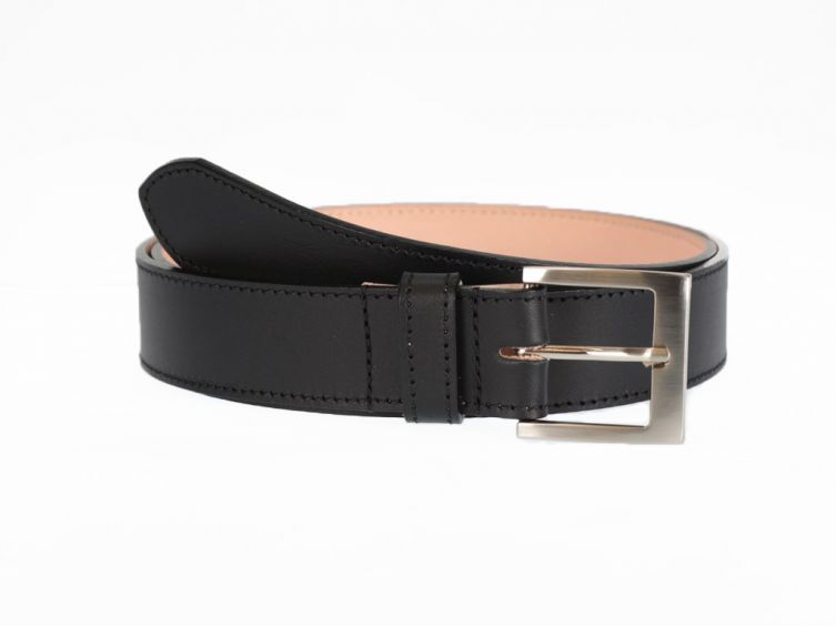 Ceinture cuir doublé noir, boucle carrée acier satiné 5046