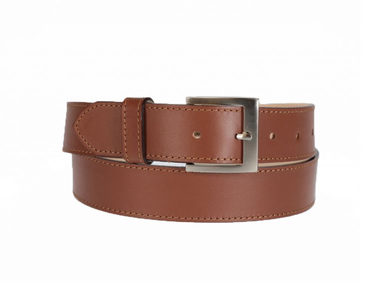 Ceinture cuir doublé marron gold, boucle carrée acier satiné 5046