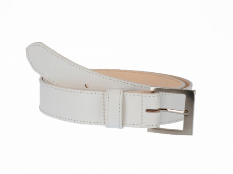 Ceinture cuir doublé blanc, boucle carrée acier satiné 5046