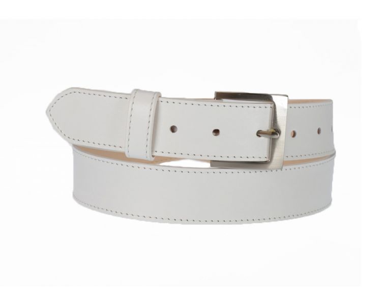 Ceinture cuir doublé blanc, boucle carrée acier satiné 5046