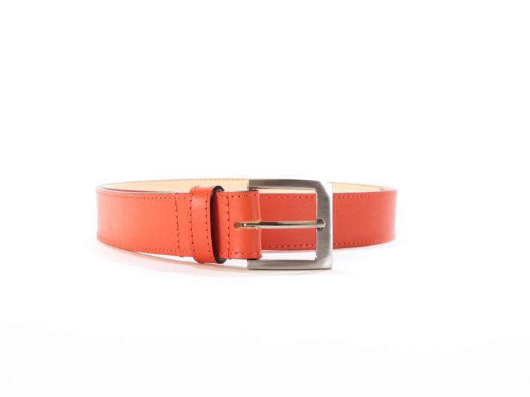 Ceinture cuir doublé orange, boucle carrée acier satiné 5046
