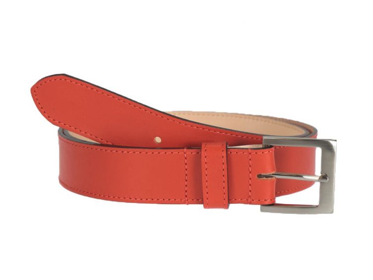 Ceinture cuir doublé orange, boucle carrée acier satiné 5046