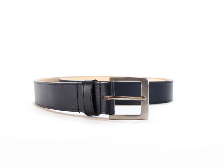 Ceinture cuir doublé bleu nuit, boucle carrée acier satiné 5046