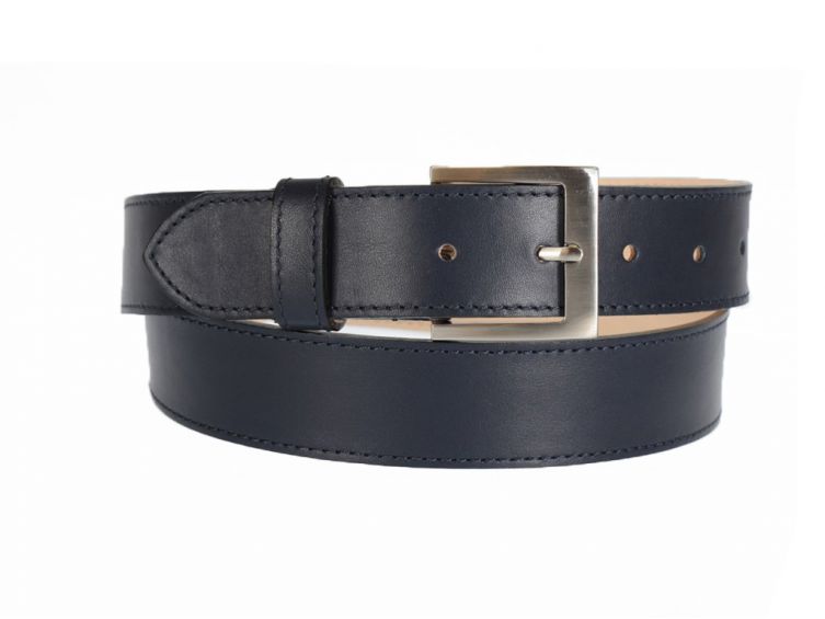 Ceinture cuir doublé bleu nuit, boucle carrée acier satiné 5046