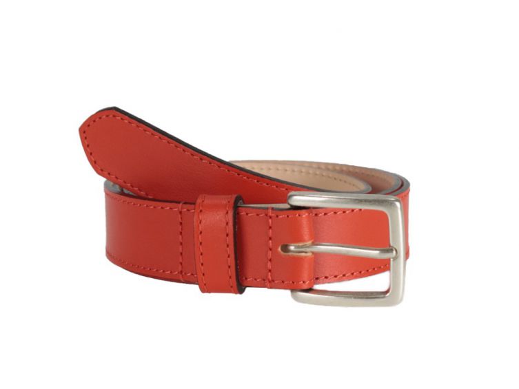 Ceinture cuir orange doublé, boucle finition acier vieilli rectangulaire 5054