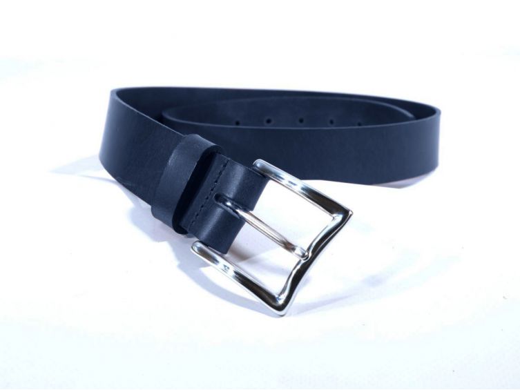 Ceinture cuir bleu marine, boucle rectangle acier poli 4032
