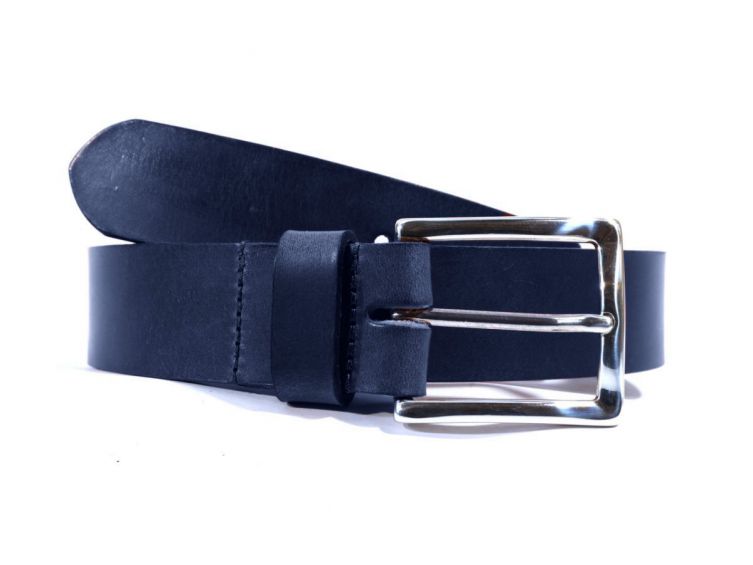 Ceinture cuir bleu marine, boucle rectangle acier poli 4032
