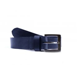 Ceinture cuir bleu marine, boucle carrée acier satiné 4046