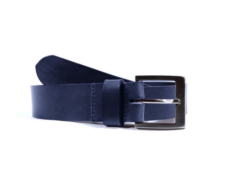 Ceinture cuir bleu marine, boucle carrée acier satiné 4046