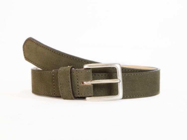 Ceinture cuir velours vert doublé, boucle finition acier vieilli rectangulaire - 2054
