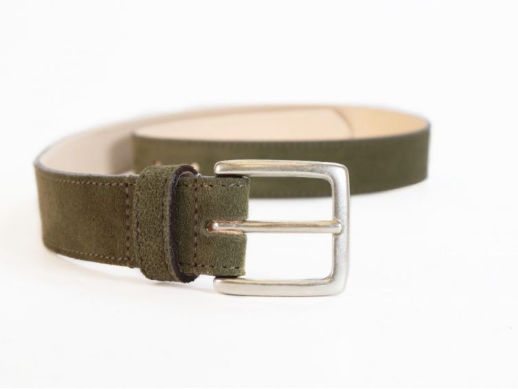 Ceinture cuir velours vert doublé, boucle finition acier vieilli rectangulaire - 2054