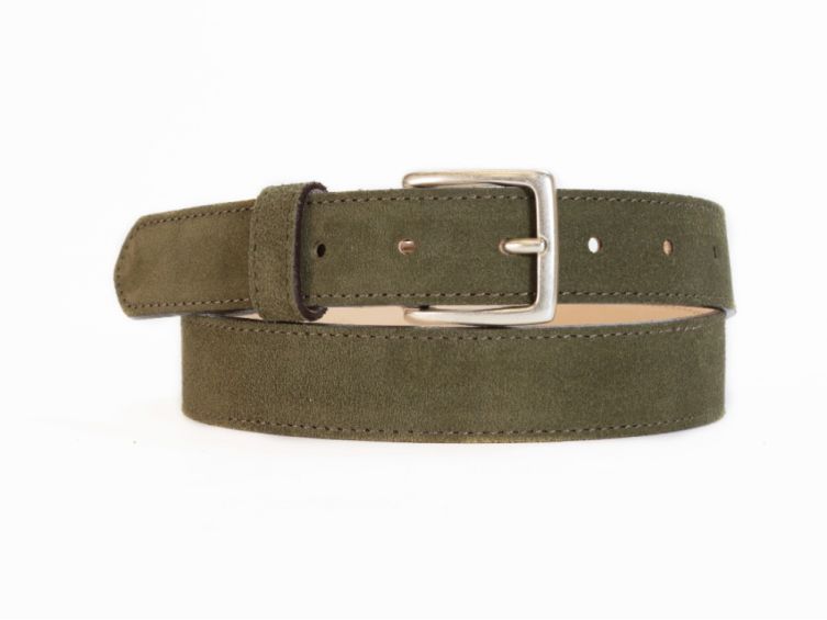 Ceinture cuir velours vert doublé, boucle finition acier vieilli rectangulaire - 2054