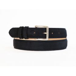 Ceinture cuir velours bleu nuit bombé, boucle finition acier vieilli rectangulaire - 3054