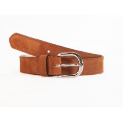 Ceinture en cuir velours marron gold, boucle chromée arrondie - 2089