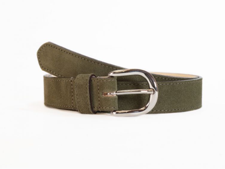 Ceinture en cuir velours vert, boucle chromée arrondie - 2089
