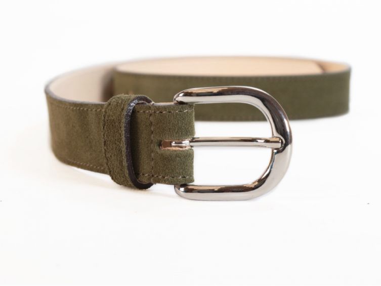 Ceinture en cuir velours vert, boucle chromée arrondie - 2089