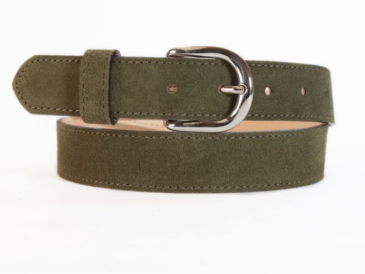 Ceinture en cuir velours vert, boucle chromée arrondie - 2089