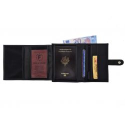 Portefeuille "Luxe" en cuir noir avec patte - 15 cm 4 volets - PM-020-01