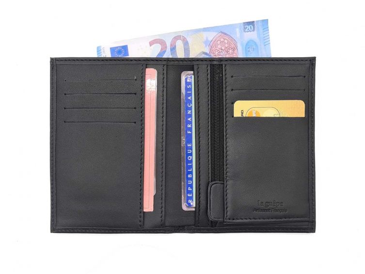 Portefeuille "Luxe" en cuir noir - 13 cm, 2 volets - PM-001-01