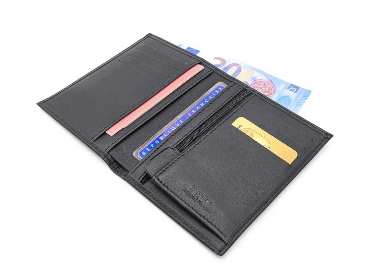 Portefeuille "Luxe" en cuir noir - 13 cm, 2 volets - PM-001-01