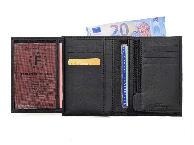 Portefeuille "Luxe" en cuir noir - 13 cm, 3 volets - PM-002-01