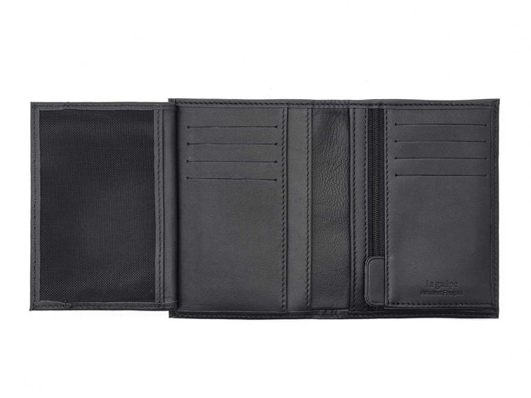 Portefeuille "Luxe" en cuir noir - 13 cm, 3 volets - PM-002-01