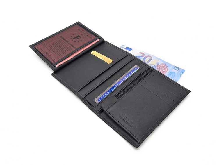 Portefeuille "Luxe" en cuir noir - 13 cm, 3 volets - PM-002-01
