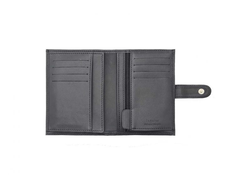 Portefeuille "Luxe" en cuir noir - 13 cm, 3 volets avec patte - PM-007-01