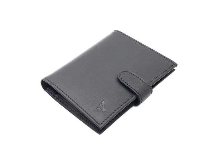 Portefeuille "Luxe" en cuir noir - 13 cm, 3 volets avec patte - PM-007-01