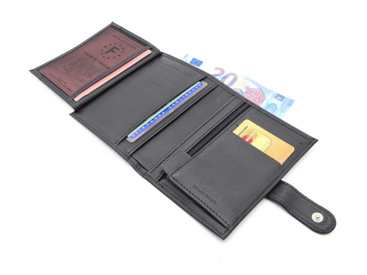Portefeuille "Luxe" en cuir noir - 13 cm, 3 volets avec patte - PM-007-01
