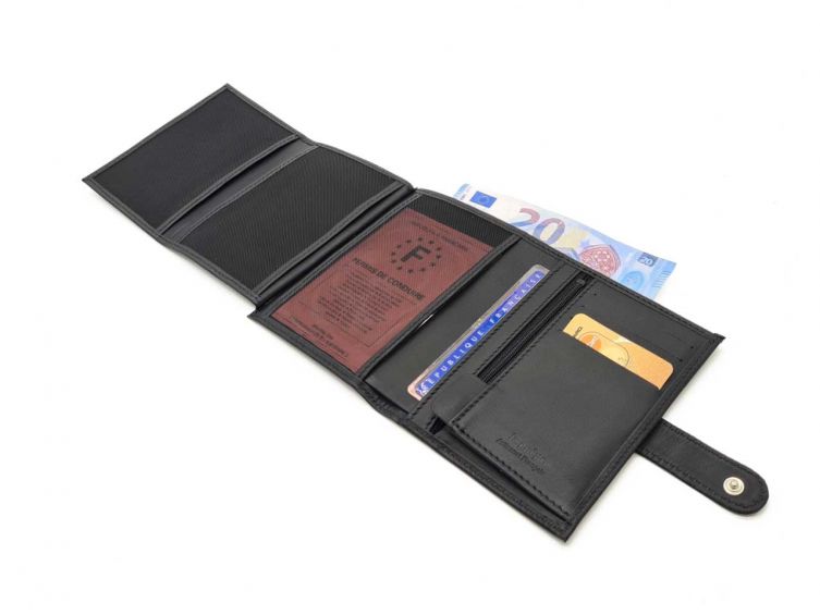 Portefeuille "Luxe" en cuir noir fermeture patte - 13 cm 4 volets - PM-016-01 