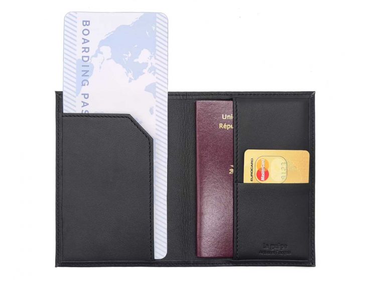 Protège passeport "Luxe" en cuir noir - avec porte billet avion - PM-033-01