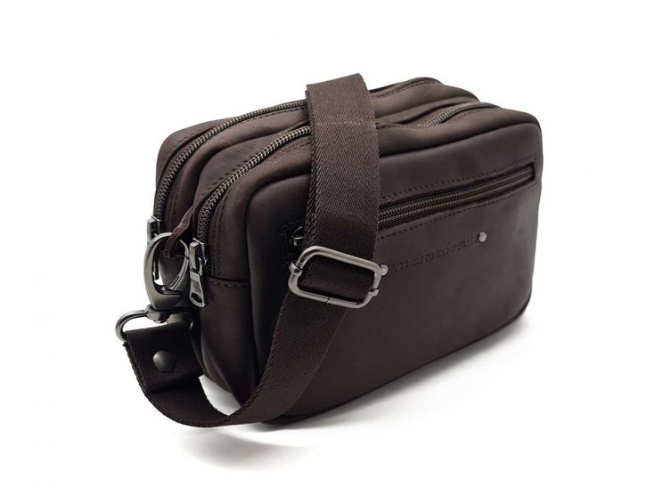 Sacoche à bandoulière double compartiment en cuir marron foncé - 9400