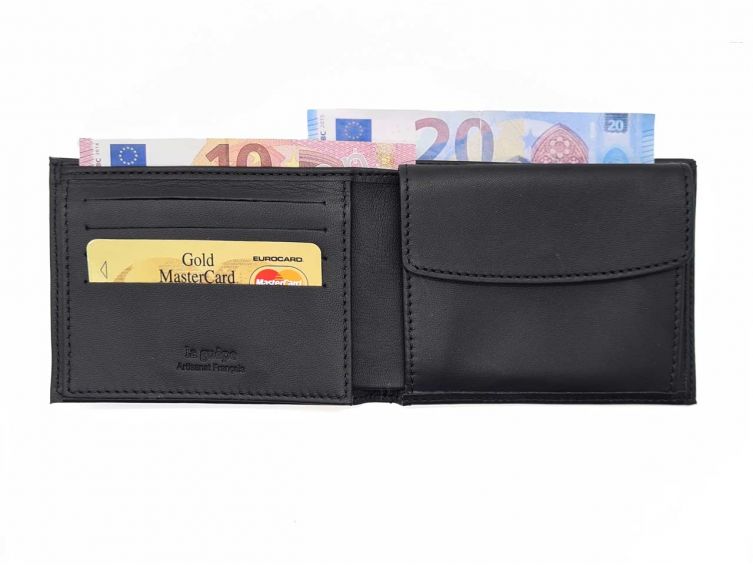 Portefeuille "Luxe" en cuir noir - 12 cm 2 volets à l'italienne - PM-015-01